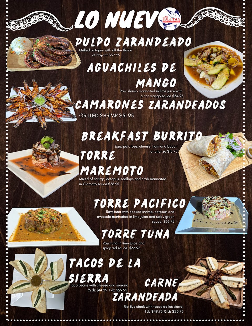 Printed menu with seafood categories and cocktails.