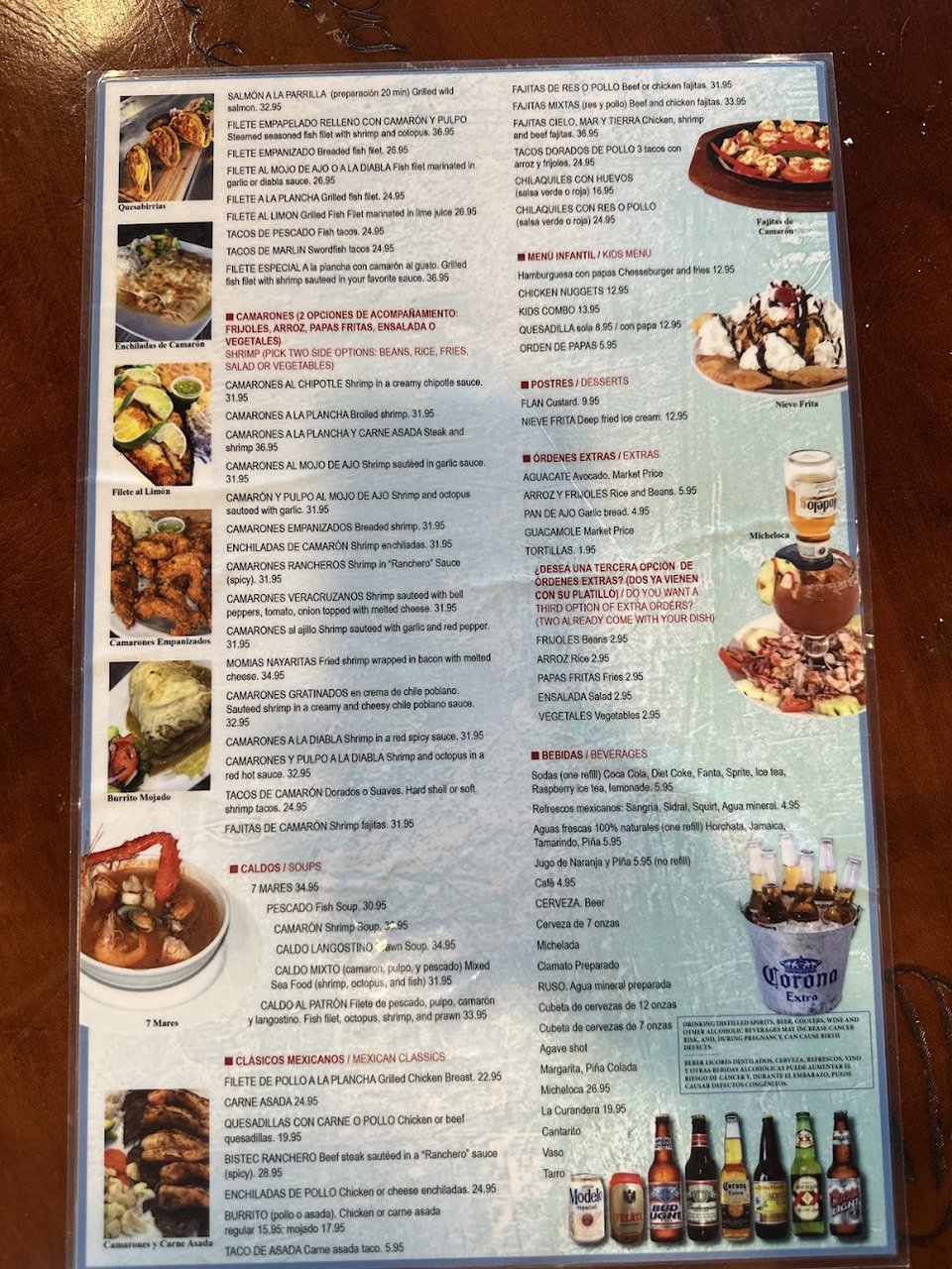 Menu page featuring ceviches, soups, and fish dishes.